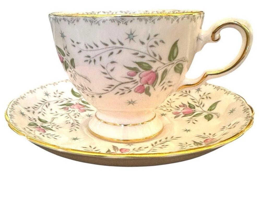 Tuscan Fine English Bone Pink Gold Floral Rose Spray China Tea Cup and Saucer